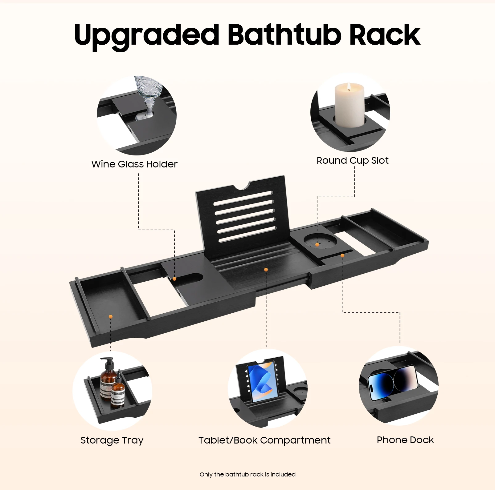 Black Bamboo Expandable Bathtub Tray Adjustable 29.52-43.7in with Wine Glass Slot Phone Tablet Holder 2 Towel Rack for Most Tubs