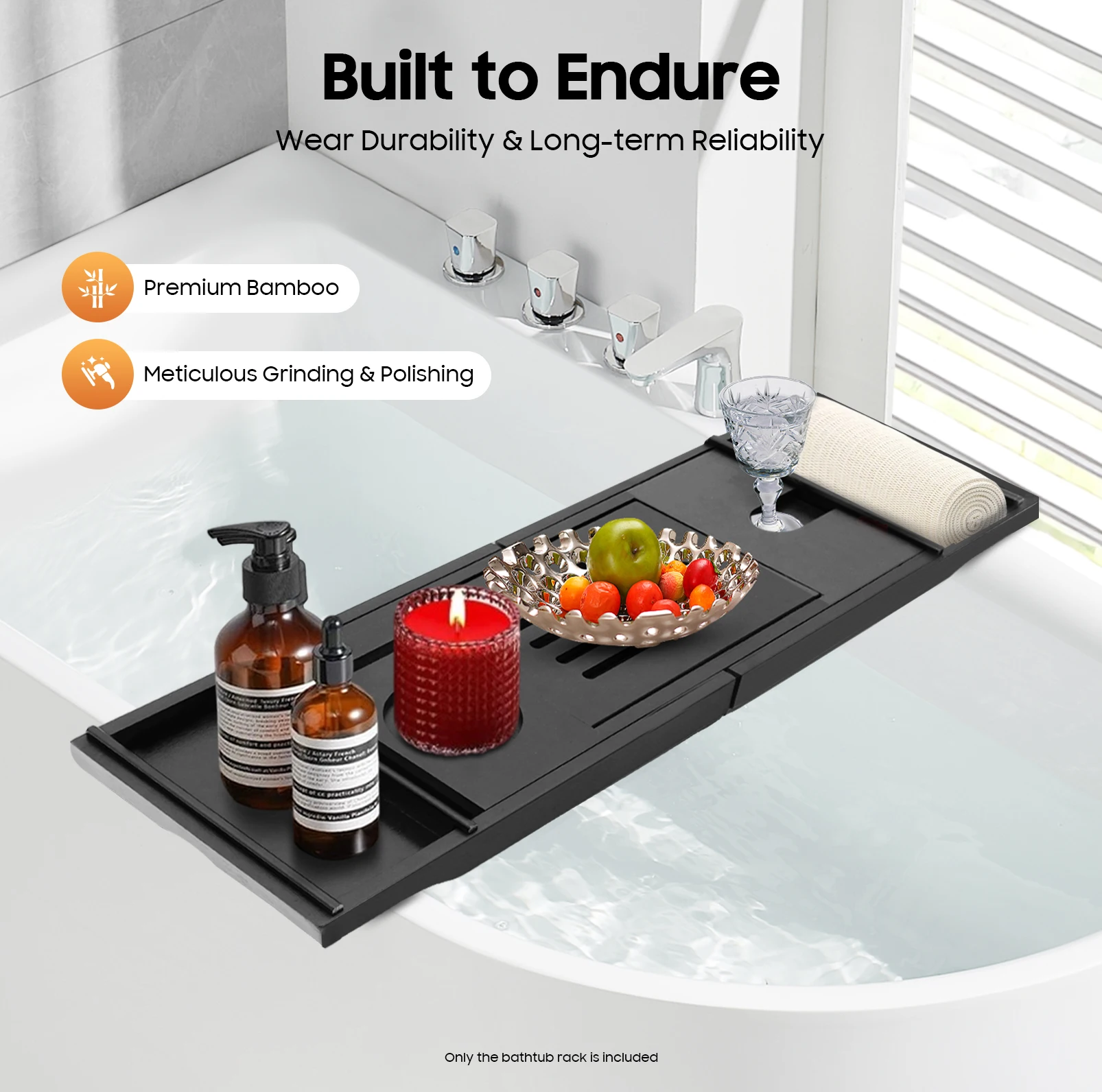 Black Bamboo Expandable Bathtub Tray Adjustable 29.52-43.7in with Wine Glass Slot Phone Tablet Holder 2 Towel Rack for Most Tubs