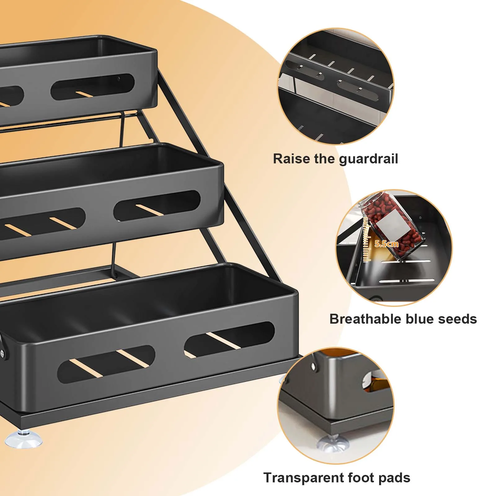 3-Layer Kitchen Spice Rack Adjustable Height Condiment Rack Countertop Height Adjustable Rack Organizer for Kitchen Cabinet