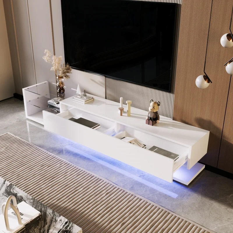 TV Cabinet White 170cm Long High-Gloss Finish Led Lighting Wall-Mountable Low Board Television Furniture