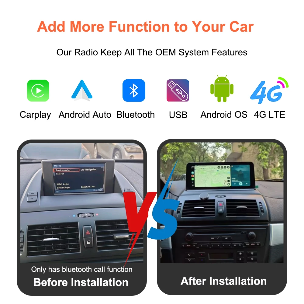 Bonroad Qualcomm 4+64GB/8+128GB Android 14 Car Video Players with GPS Navigation for BMW X3 E83 2003–2011, Featuring Factory‑Installed Screen and CarPlay