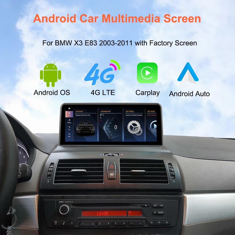 Bonroad Qualcomm 4+64GB/8+128GB Android 14 Car Video Players with GPS Navigation for BMW X3 E83 2003–2011, Featuring Factory‑Installed Screen and CarPlay
