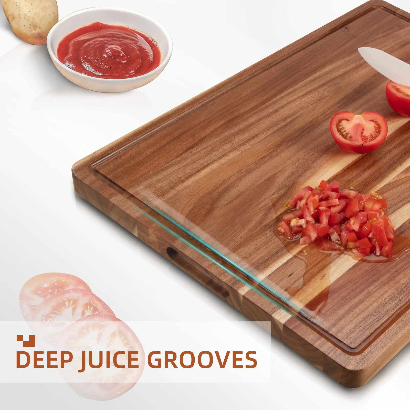Acacia Large Wood Cutting Board 1.5 Inches Thick Butcher Block Cheese Charcuterie Board with Side Handles and Juice Grooves
