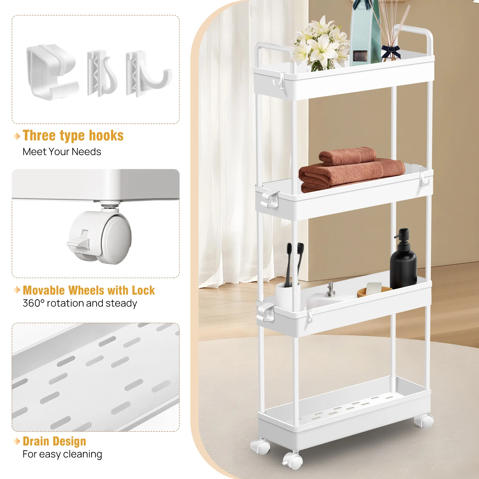 4 Tier Trolley on Wheels,Narrow Storage Unit with Hook, for Kitchen Bathroom Laundry Room, Slide Out Bathroom Storage