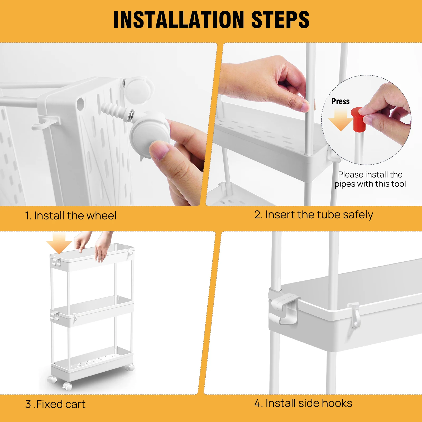 4 Tier Trolley on Wheels,Narrow Storage Unit with Hook, for Kitchen Bathroom Laundry Room, Slide Out Bathroom Storage