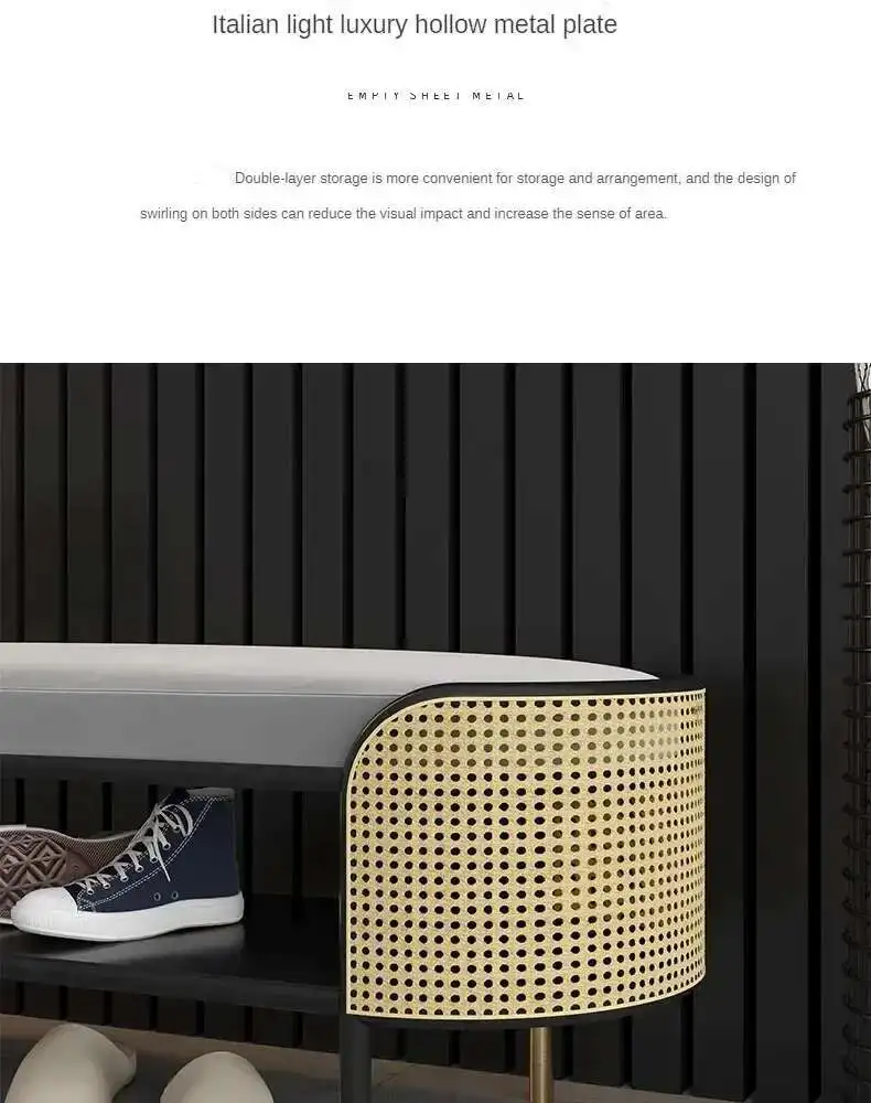 Modern Simple Ottoman for Entrance Hall Long Hollow with Cushion Stools Light Luxury Metal Household Hallway Ottoman for Hotel H