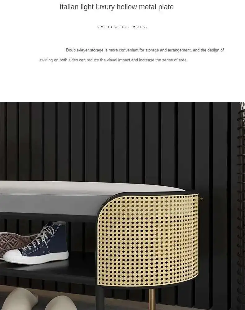 Modern Simple Ottoman for Entrance Hall Long Hollow with Cushion Stools Light Luxury Metal Household Hallway Ottoman for Hotel H