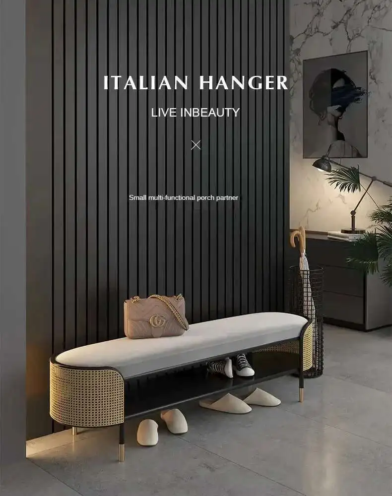 Modern Simple Ottoman for Entrance Hall Long Hollow with Cushion Stools Light Luxury Metal Household Hallway Ottoman for Hotel H
