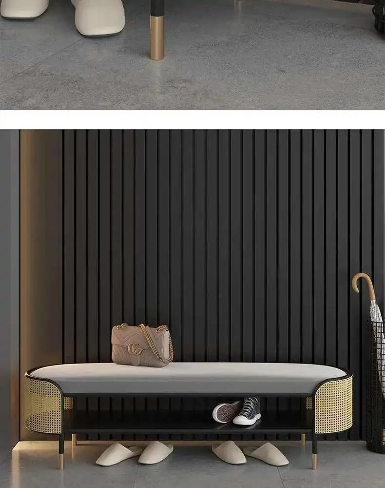 Modern Simple Ottoman for Entrance Hall Long Hollow with Cushion Stools Light Luxury Metal Household Hallway Ottoman for Hotel H