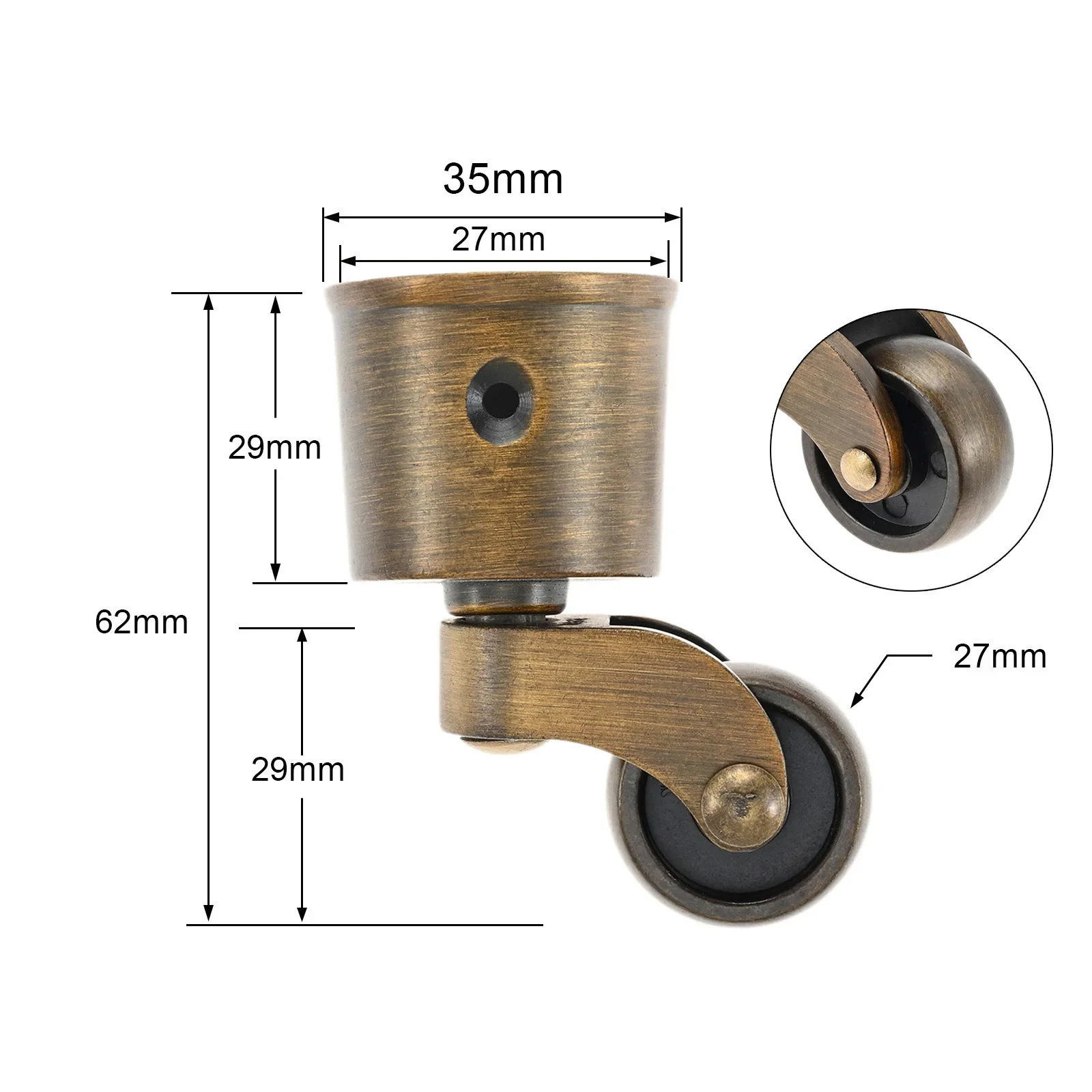 4pcs/set Retro Furniture Casters Antique Brass Swivel Wheels Zinc Alloy Reduce Noise Vintage Matte Brushed Surface 27mm Diameter