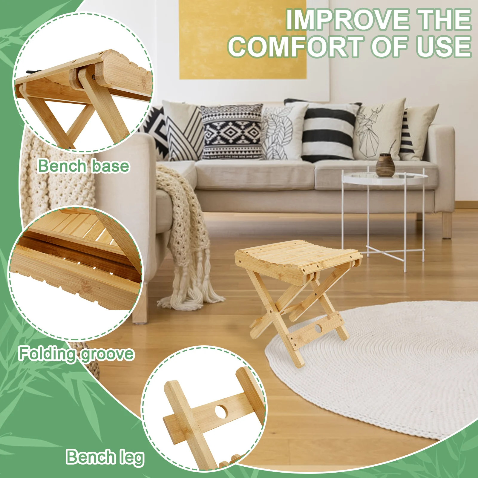 Portable Folding Stool Multi Purpose Bamboo Non-Slip Footstool For Home Bathroom Outdoor Camping Leisure Fishing Stool