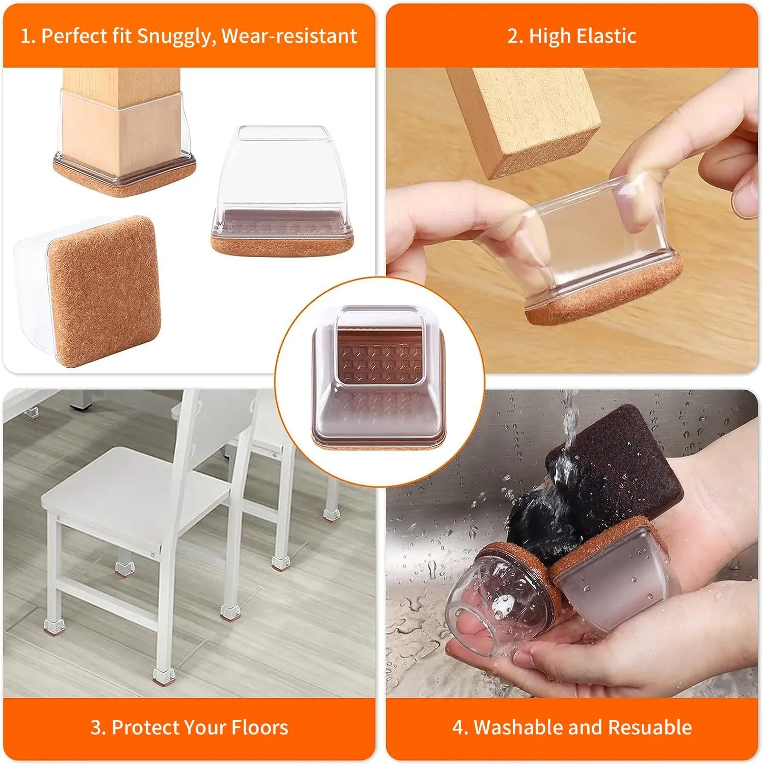 8PCS Silicone Chair Leg Floor Caps Protectors Rectangle with Felt Foot Cover End Caps Covers Width 22-32mm for Hardwood Table