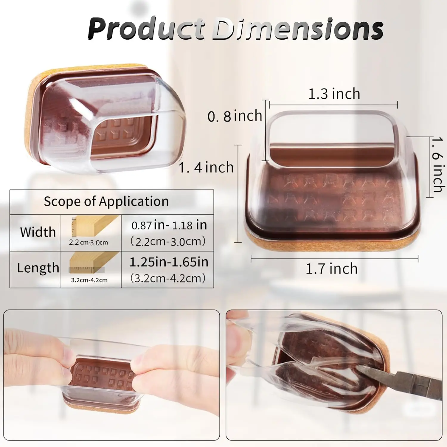 8PCS Silicone Chair Leg Floor Caps Protectors Rectangle with Felt Foot Cover End Caps Covers Width 22-32mm for Hardwood Table