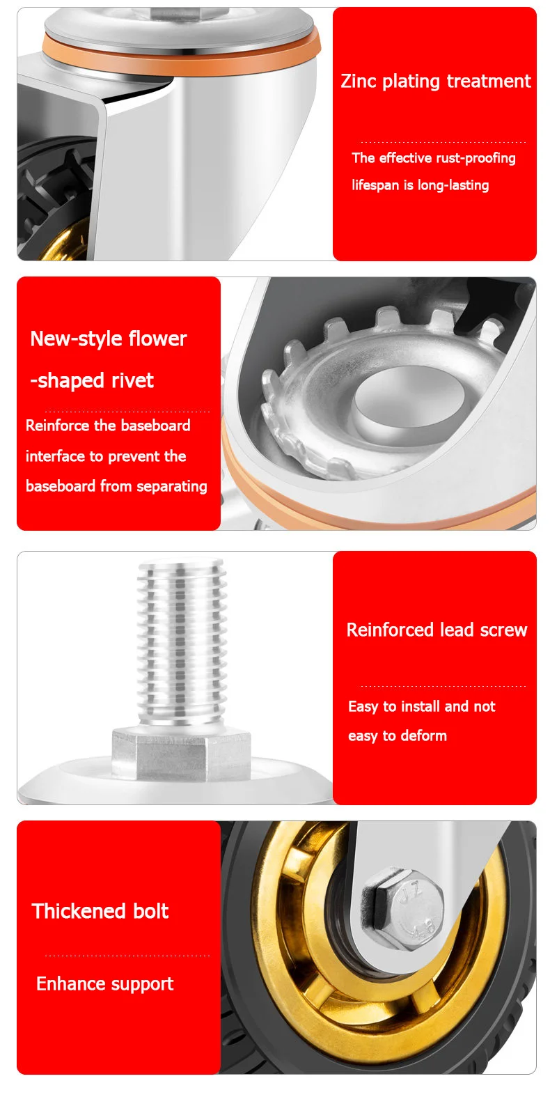 Screw Rubber Swivel Casters 3/4/5 Inches, Brake Casters, Silent Rubber Wheels, M10 M12 M16 Screw, Furniture Trolleys