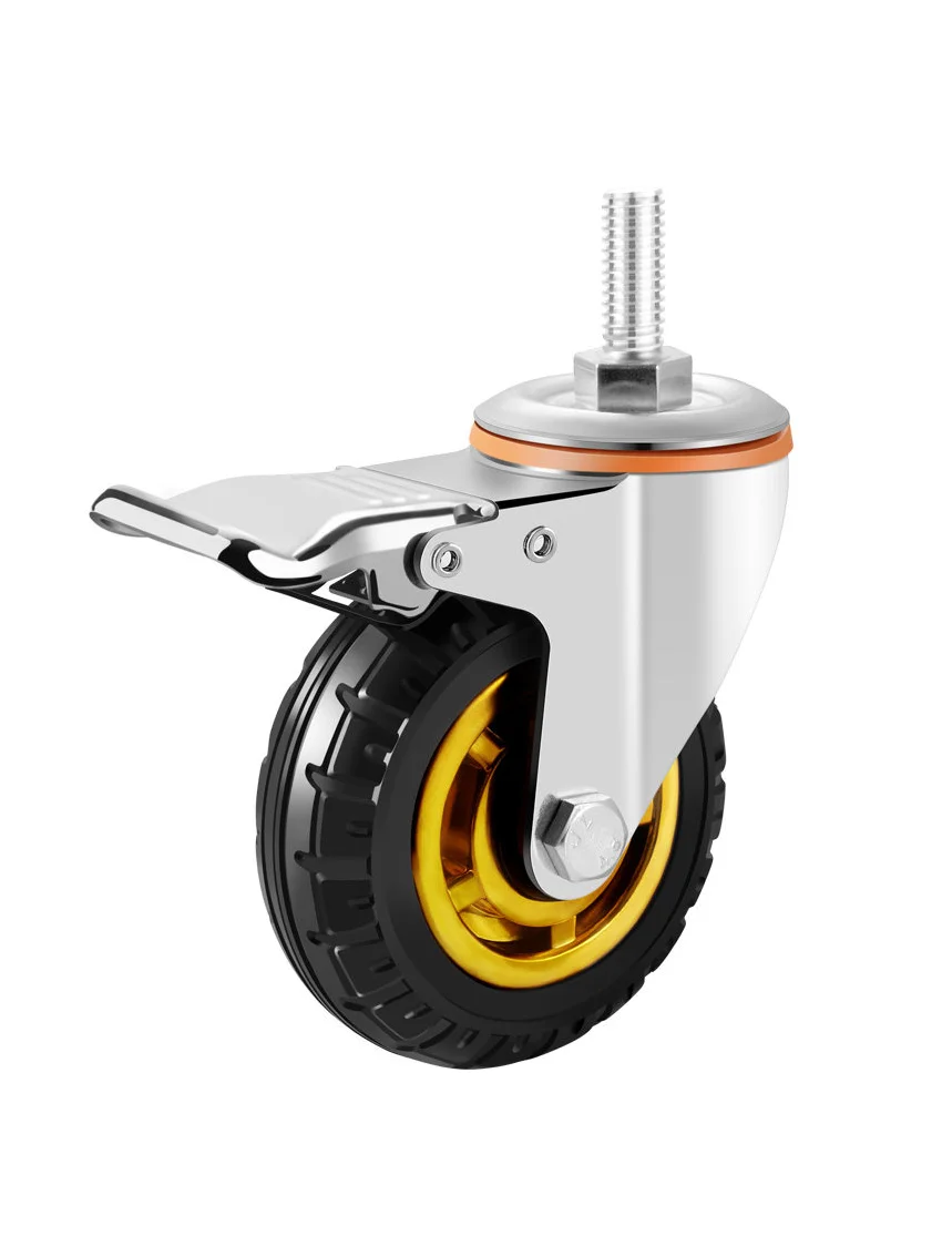 Screw Rubber Swivel Casters 3/4/5 Inches, Brake Casters, Silent Rubber Wheels, M10 M12 M16 Screw, Furniture Trolleys