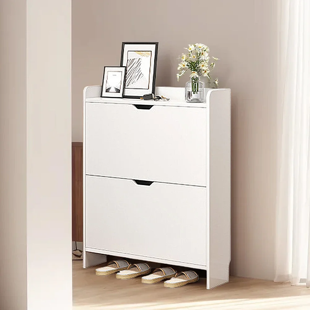 2-Tier Wooden Shoe Organizer Cabinet with Flip Drawers Narrow Shoe Storage Cabinet Space Saving Slimming Shoe Rack for Hallway