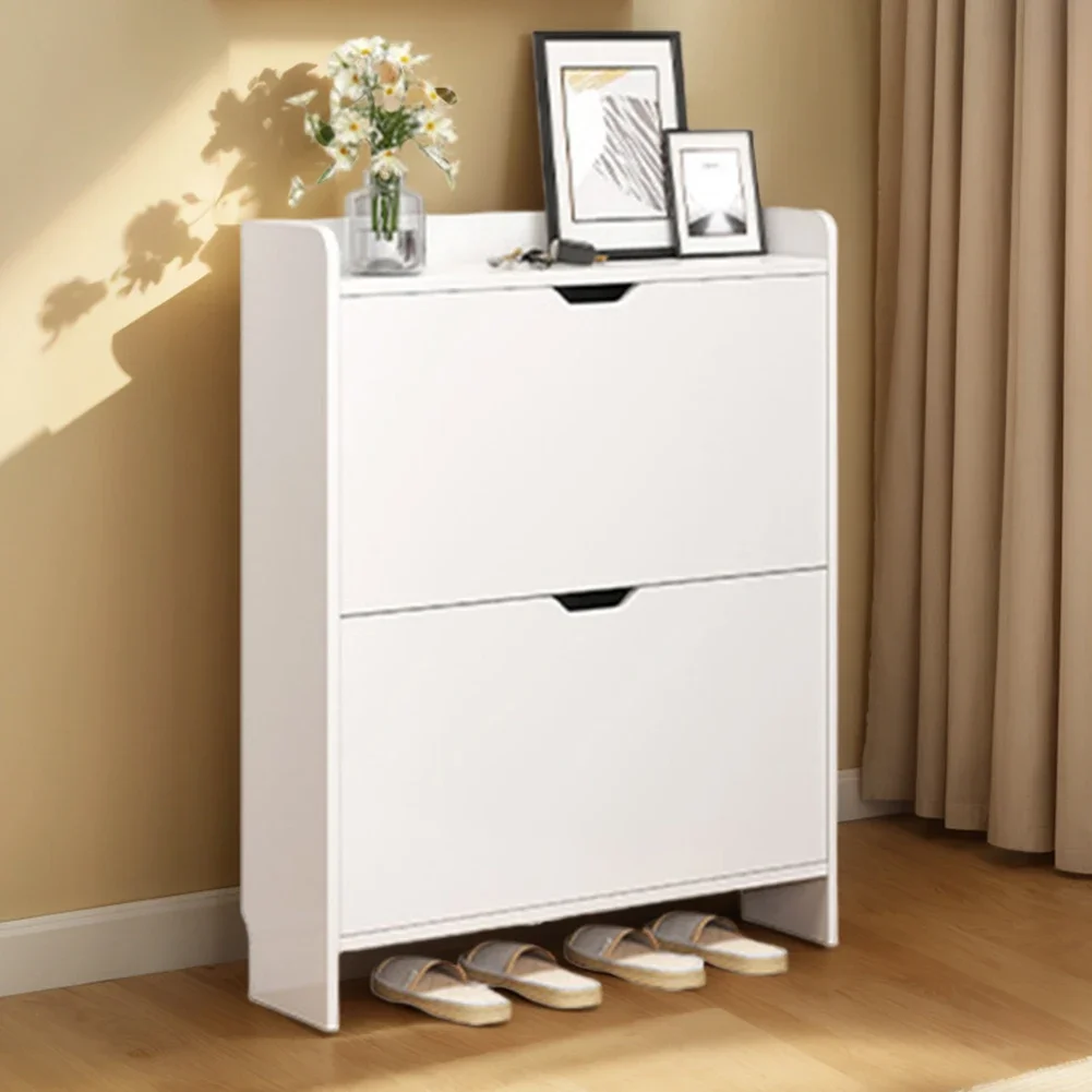 2-Tier Wooden Shoe Organizer Cabinet with Flip Drawers Narrow Shoe Storage Cabinet Space Saving Slimming Shoe Rack for Hallway