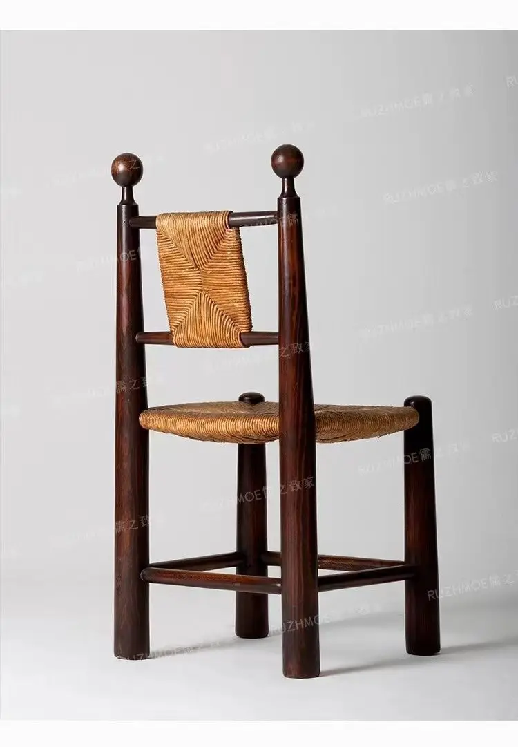 Solid Wood Rattan Dining Chair Retro Rattan Chair Home Simple Homestay Cafe Leisure Backrest Chair