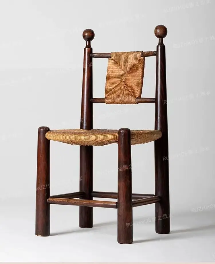 Solid Wood Rattan Dining Chair Retro Rattan Chair Home Simple Homestay Cafe Leisure Backrest Chair
