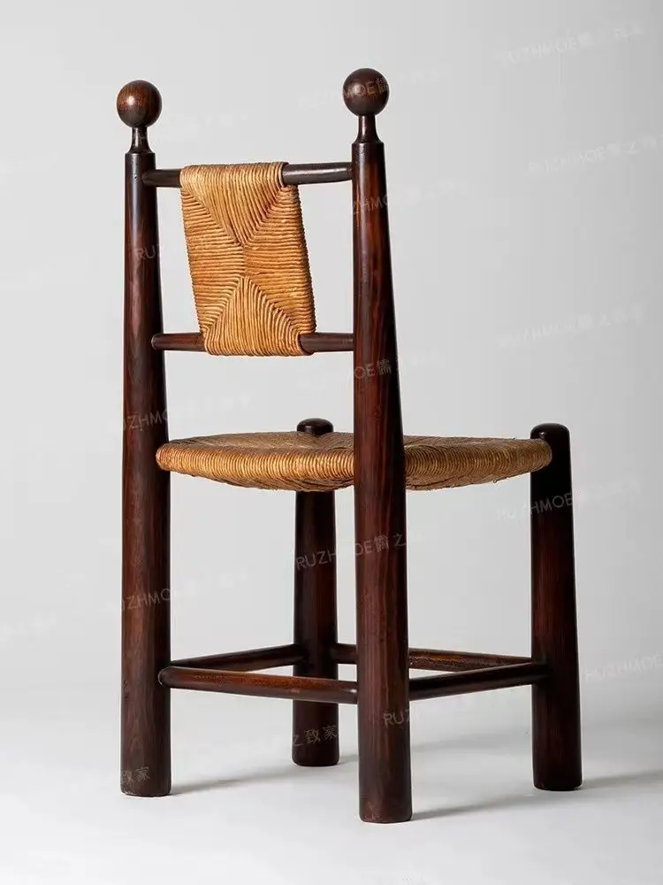 Solid Wood Rattan Dining Chair Retro Rattan Chair Home Simple Homestay Cafe Leisure Backrest Chair