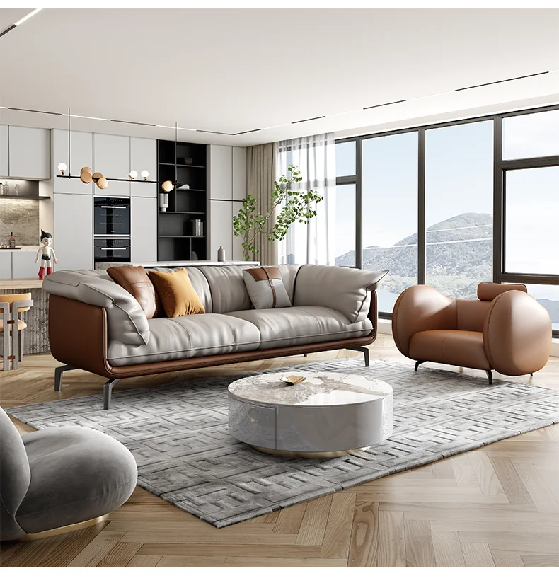 Nordic Simple Soft Sofa Vintage Brown Girl 3 Seater Designer Sofa Leather Love Seat Muebles Para Salas Modernos Home Furniture