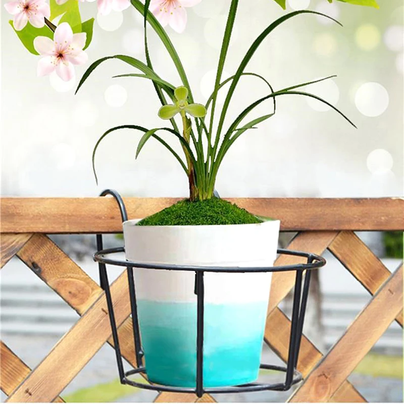 Garden Hanging Plant Iron Racks Balcony Round Flower Pot Rack Railing Fence
