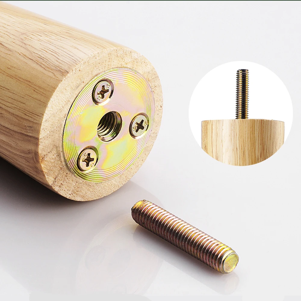 4pcs M6/M8/M10 Screw Oak Furniture Legs European Styls Conical Rubber Wood Sofa Leg Wood for Table Cabinet Furniture Raised Feet