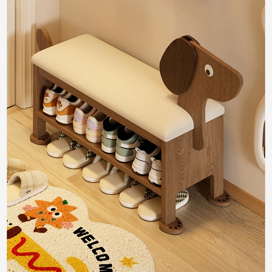 Dachshund Shape Shoe Bench - 2-Tier Storage Stool with Soft Cushion, Cute Dog Design Entryway Ottoman for Living Room Deco