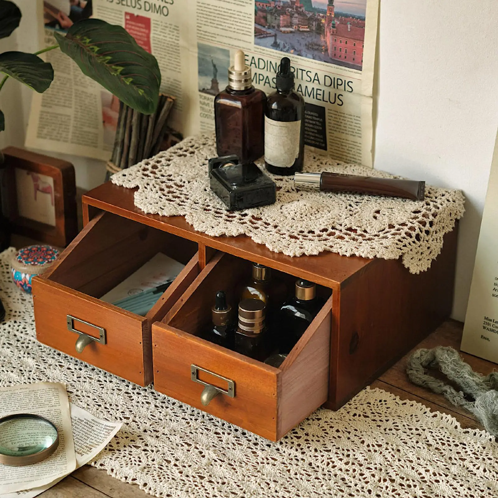 Wooden Makeup Cosmetic Skincare Organizer with Lid and Drawer Desk Riser Stand Vanity Drawer for Home Office Countertop Dresser