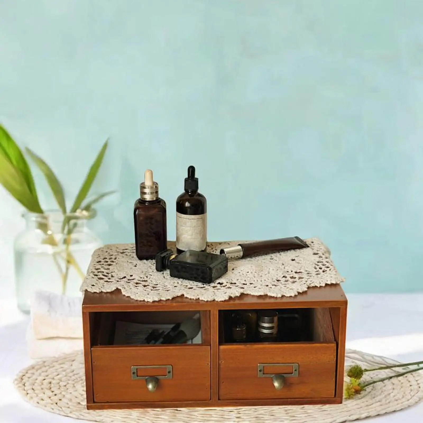 Wooden Makeup Cosmetic Skincare Organizer with Lid and Drawer Desk Riser Stand Vanity Drawer for Home Office Countertop Dresser