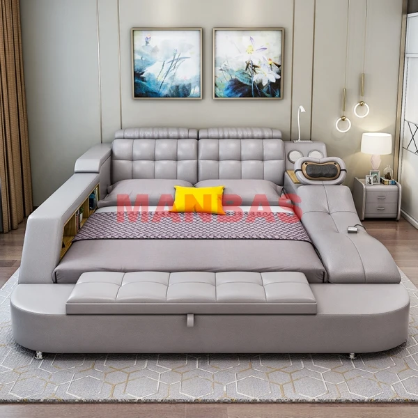 Multifunctional Tech Smart Genuine Leather Bed with Massage Recliner, Bluetooth Speakers, USB, Bookshelves & Storage Drawers