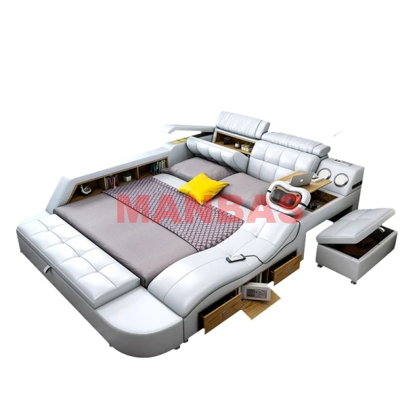 Multifunctional Tech Smart Genuine Leather Bed with Massage Recliner, Bluetooth Speakers, USB, Bookshelves & Storage Drawers
