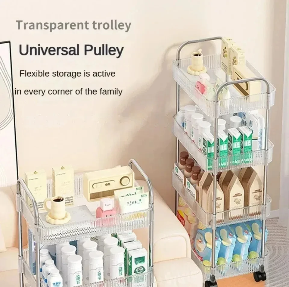 Mobile Storage Trolley 2/3/4 Tiers Acrylic Trolley With Wheel Multilayer Transparent Storage Rack Living Room Snack Storages