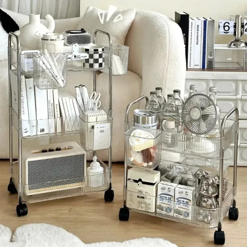 Mobile Storage Trolley 2/3/4 Tiers Acrylic Trolley With Wheel Multilayer Transparent Storage Rack Living Room Snack Storages