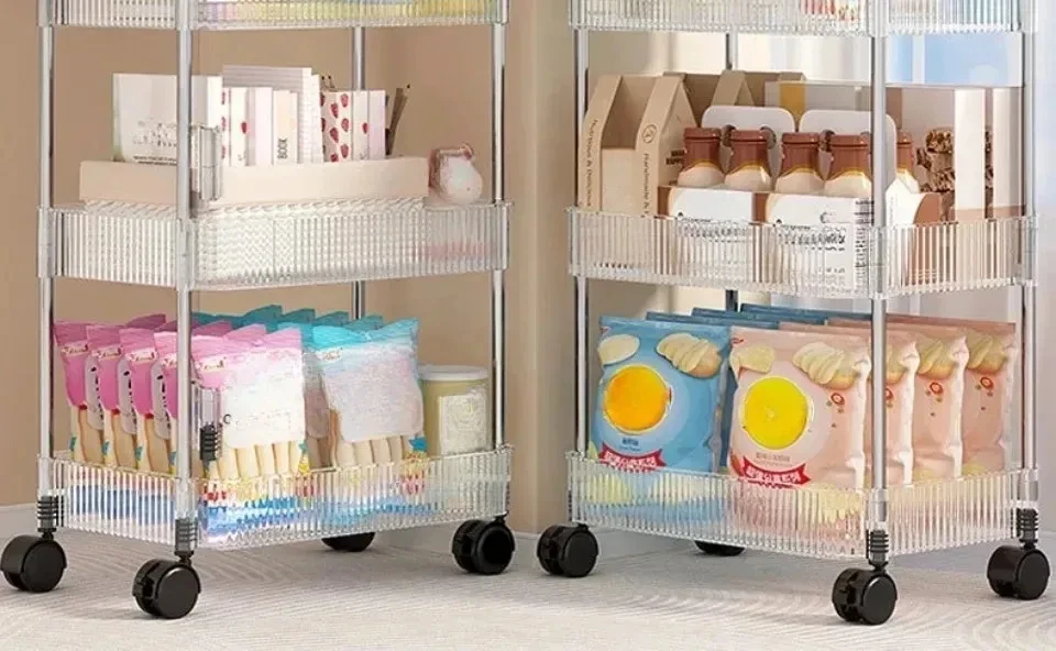 Mobile Storage Trolley 2/3/4 Tiers Acrylic Trolley With Wheel Multilayer Transparent Storage Rack Living Room Snack Storages