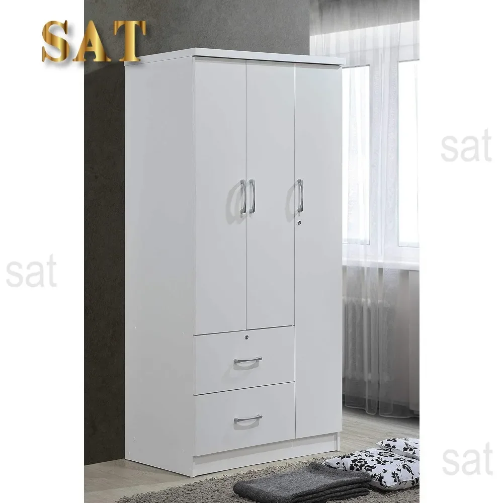 A Wardrobe Closet, Hodedah 3-Door 2-Drawers, 3-Shelves in White Bedroom Armoires, Wardrobe Cabinet with Hanging Rod