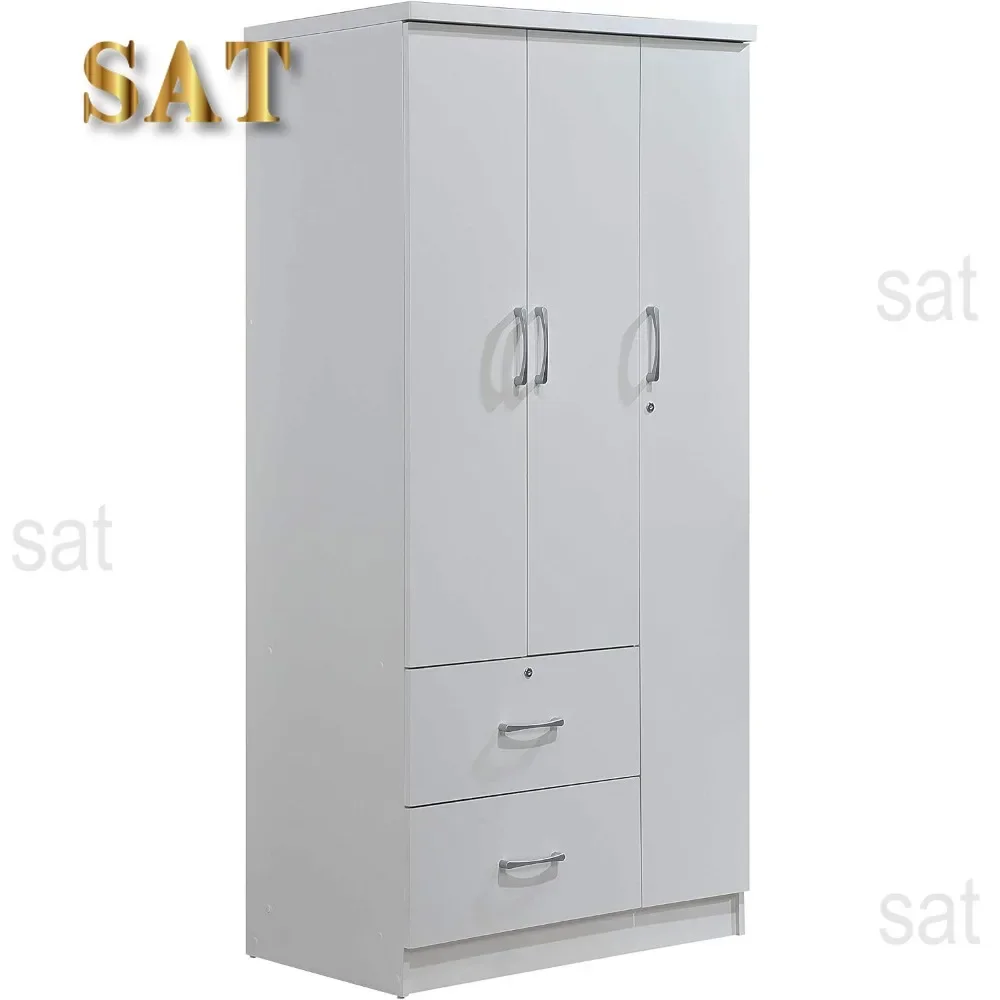 A Wardrobe Closet, Hodedah 3-Door 2-Drawers, 3-Shelves in White Bedroom Armoires, Wardrobe Cabinet with Hanging Rod