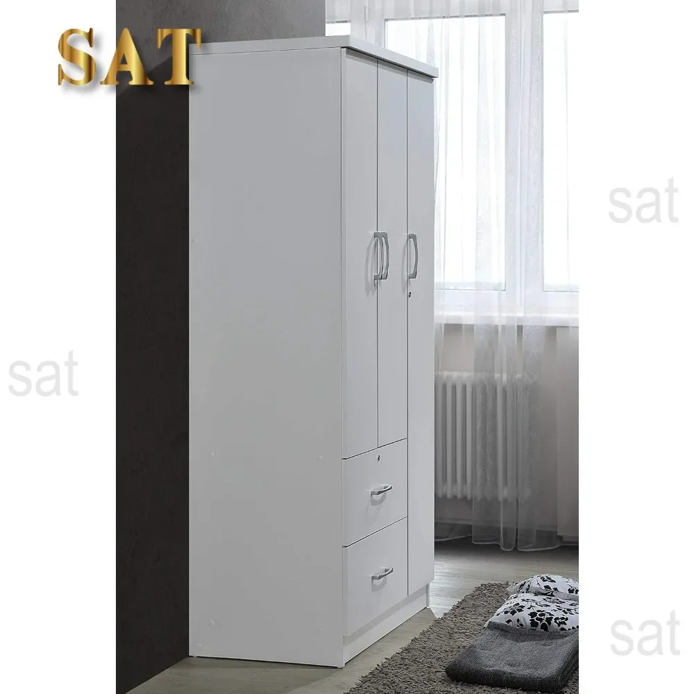 A Wardrobe Closet, Hodedah 3-Door 2-Drawers, 3-Shelves in White Bedroom Armoires, Wardrobe Cabinet with Hanging Rod