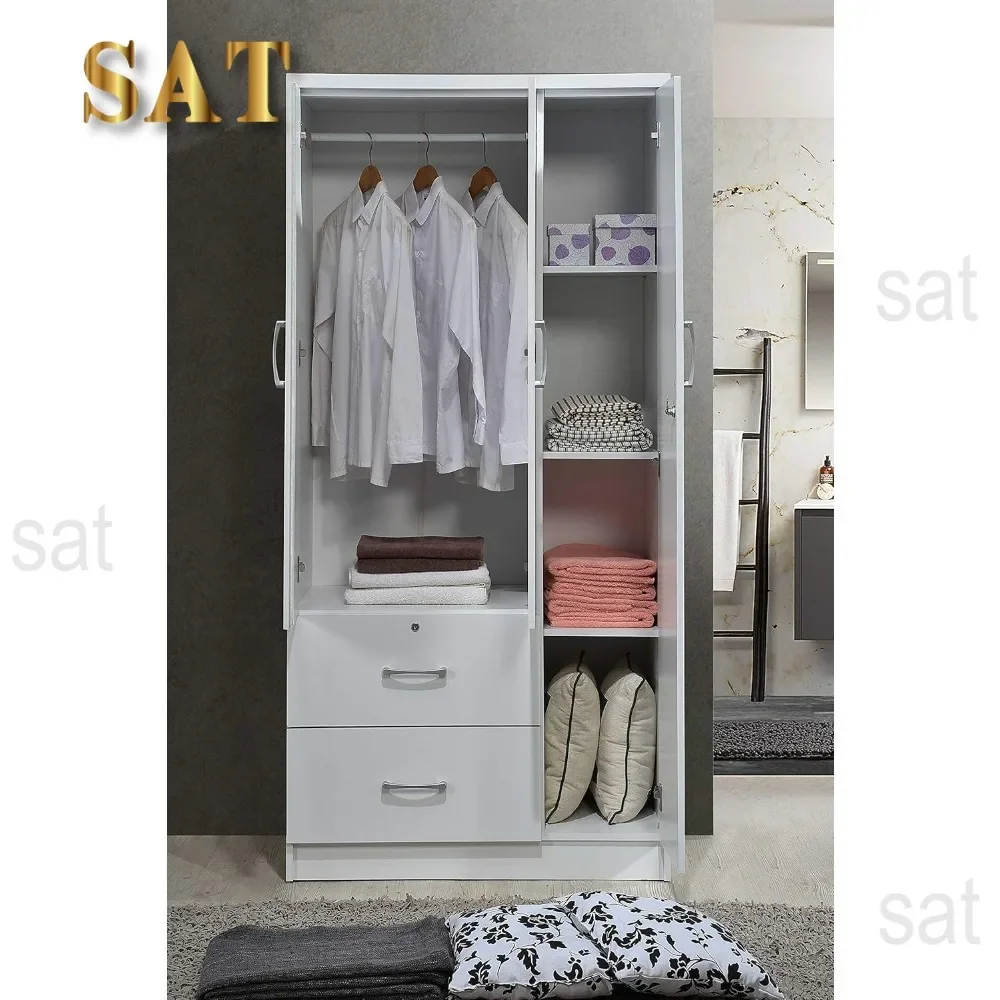 A Wardrobe Closet, Hodedah 3-Door 2-Drawers, 3-Shelves in White Bedroom Armoires, Wardrobe Cabinet with Hanging Rod