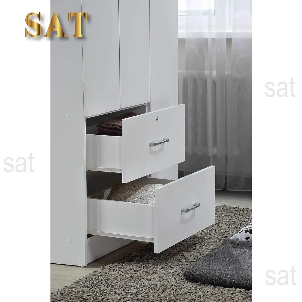 A Wardrobe Closet, Hodedah 3-Door 2-Drawers, 3-Shelves in White Bedroom Armoires, Wardrobe Cabinet with Hanging Rod