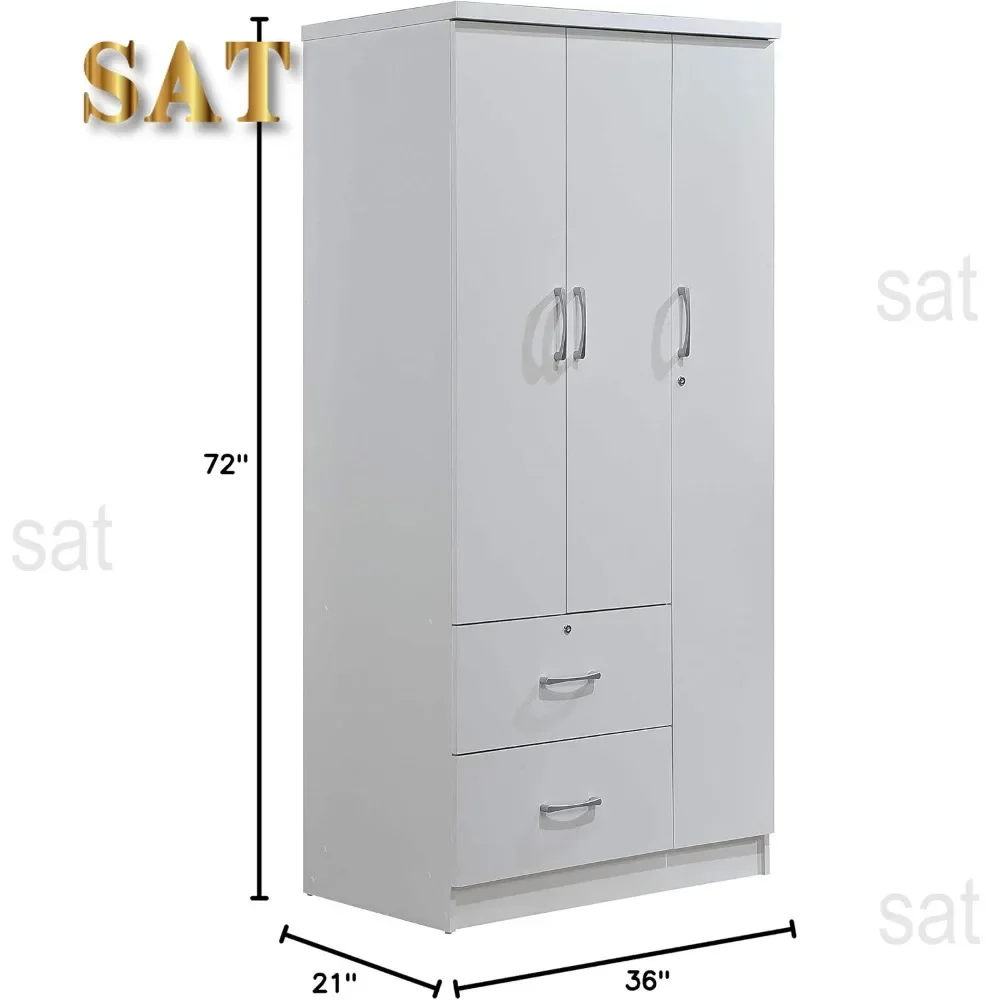 A Wardrobe Closet, Hodedah 3-Door 2-Drawers, 3-Shelves in White Bedroom Armoires, Wardrobe Cabinet with Hanging Rod