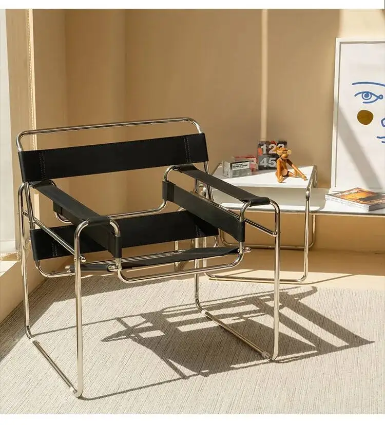 Vasily Chair Designer Recliner Chair Stainless Steel Saddle Leather Armchair Nordic Leisure Chair Medieval Style Single Chair