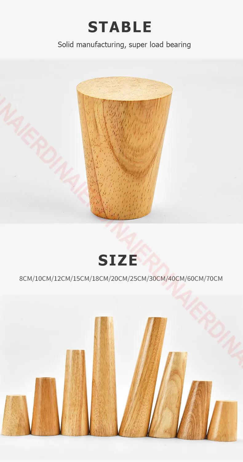 NAIERDI 1PC 8-60cm Round Wood Furniture Legs Natural Solid Wooden Replacement Table Feets Cabinet Bed Sofa Leg Stainless Plates