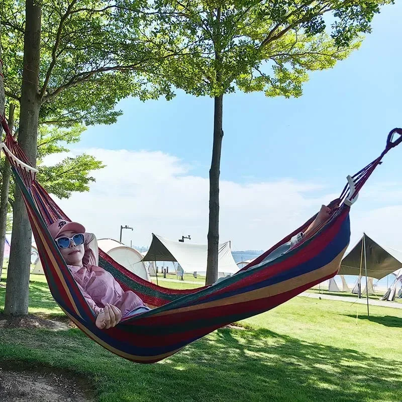 Outdoor Canvas Camping Hammock Anti Rollover Portable Thicken Fabric Single/Double Hammock with Carry Bag for Patio, Backyard