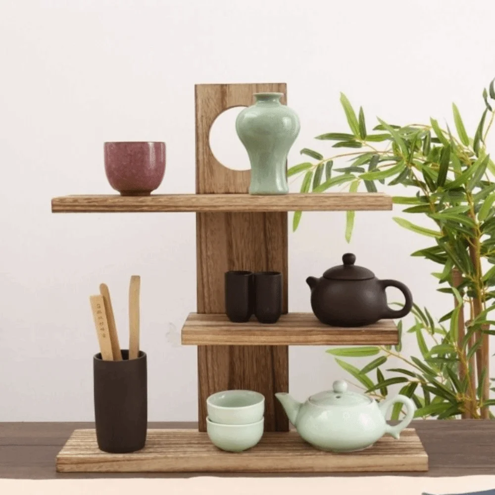 3-4 Layers Chinese Style Storage Holders Solid Wood Retro Design Wooden Tea Set Rack Tea Set Multi-Layer Tea Cup Display Shelf