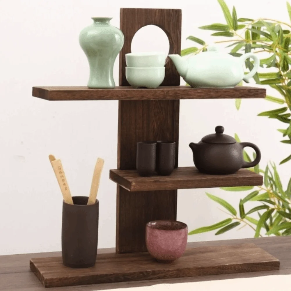 3-4 Layers Chinese Style Storage Holders Solid Wood Retro Design Wooden Tea Set Rack Tea Set Multi-Layer Tea Cup Display Shelf