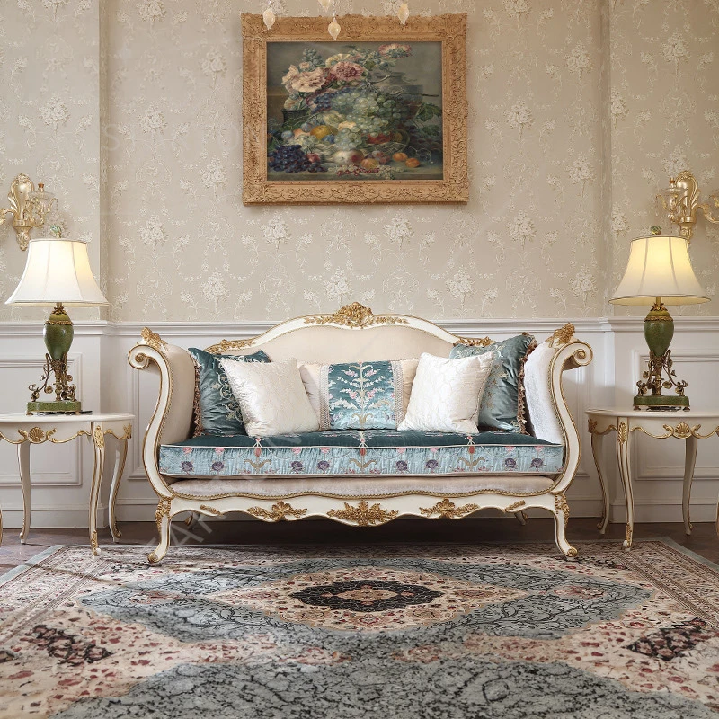 Hand Carved French Royal Classical Furniture Luxury Living Room Fabric Upholstered Classic Double Seat Wooden Sofa