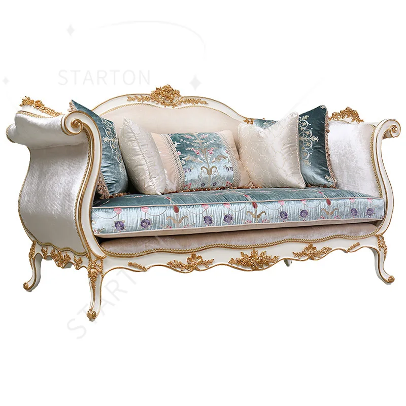 Hand Carved French Royal Classical Furniture Luxury Living Room Fabric Upholstered Classic Double Seat Wooden Sofa