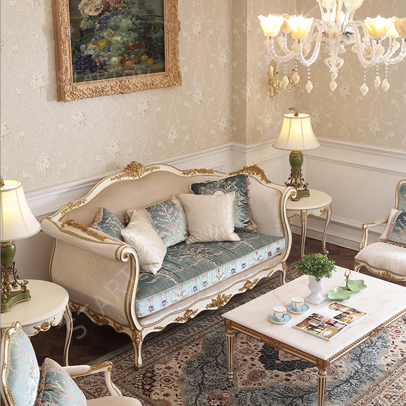 Hand Carved French Royal Classical Furniture Luxury Living Room Fabric Upholstered Classic Double Seat Wooden Sofa