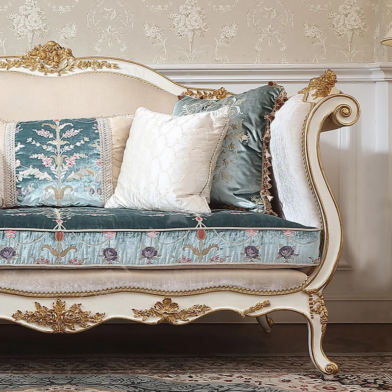 Hand Carved French Royal Classical Furniture Luxury Living Room Fabric Upholstered Classic Double Seat Wooden Sofa